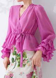 Chic Pink Ruffled Lace Up Cotton Shirt Long Sleeve