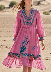 Chic Pink Ruffled Patchwork Cotton Tea Dress Spring