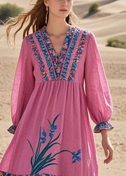 Chic Pink Ruffled Patchwork Cotton Tea Dress Spring