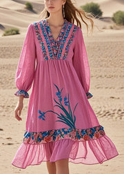 Chic Pink Ruffled Patchwork Cotton Tea Dress Spring