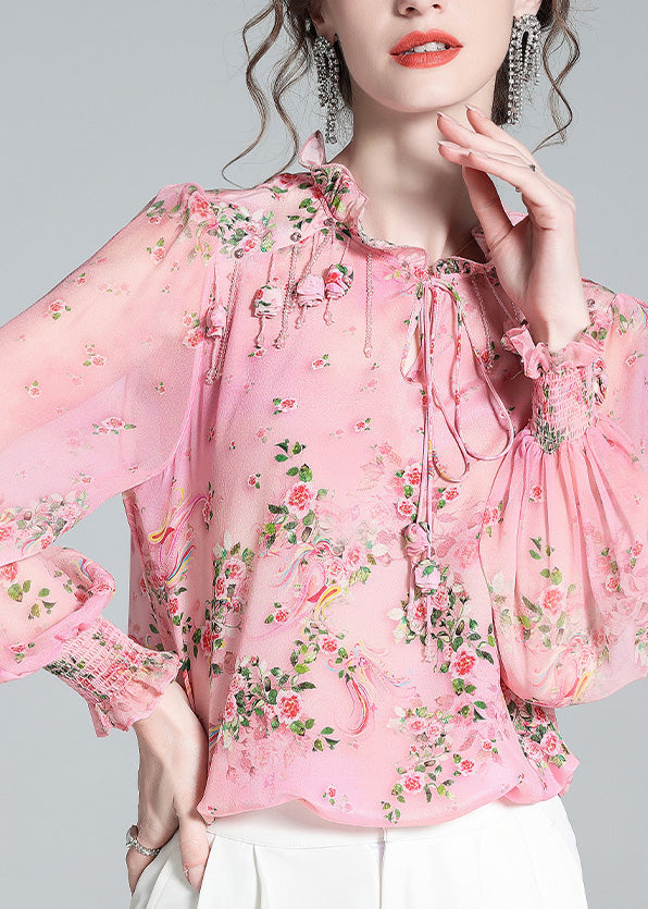 Chic Pink Ruffled Print Tassel Neck TIie Silk Shirt Long Sleeve