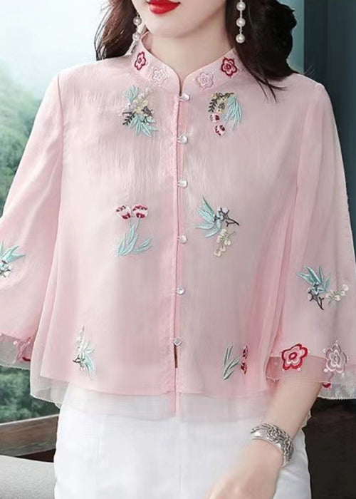 Chic Pink Stand Collar Embroidered Patchwork Chiffon Tops Summer