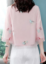 Chic Pink Stand Collar Embroidered Patchwork Chiffon Tops Summer