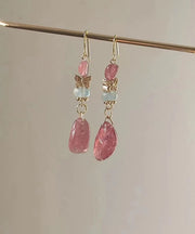 Chic Pink Sterling Silver Overgild Crystal Butterfly Drop Earrings