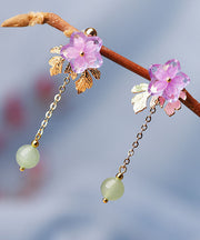 Chic Pink Sun Flower Crystal Fine Jade 14K Gold Tassel Drop Earrings