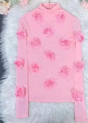 Chic Pink Turtleneck Floral Tulle Top Long Sleeve