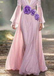 Chic Pink V Neck Floral Chiffon Long Dress Spring