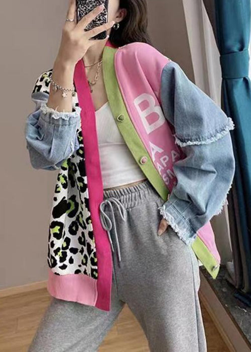 Chic Pink V Neck Print Denim Patchwork Knit Cardigan Spring