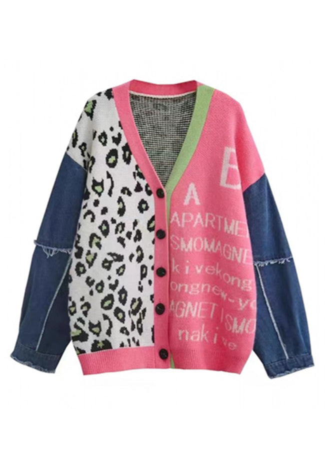 Chic Pink V Neck Print Denim Patchwork Knit Cardigan Spring