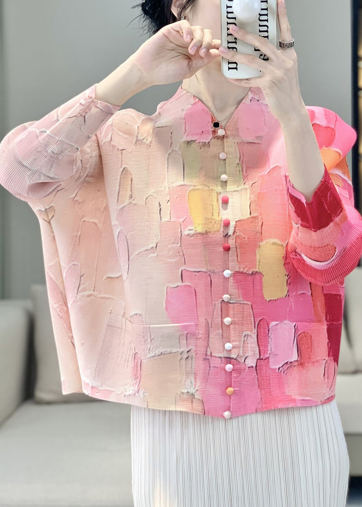 Chic Pink Wrinkled Button Pockets Blouses Fall