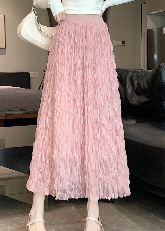 Chic Pink Wrinkled Elastic Waist Tulle Skirt Summer