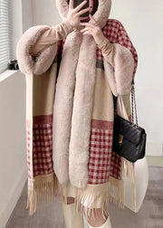 Chic Plaid Hooded Tasseled Patchwork Warm Fleece Cape Coat Half Sleeve