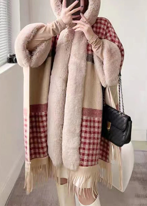 Chic Plaid Hooded Tasseled Patchwork Warm Fleece Cape Coat Half Sleeve