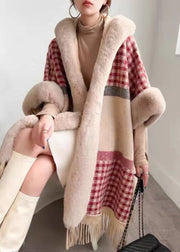 Chic Plaid Hooded Tasseled Patchwork Warm Fleece Cape Coat Half Sleeve