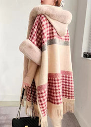 Chic Plaid Hooded Tasseled Patchwork Warm Fleece Cape Coat Half Sleeve