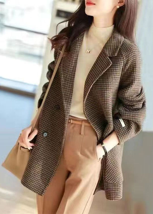 Chic Plaid Notched Pockets Wooled Blend Coats Long Sleeve