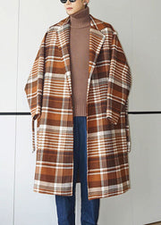 Chic Plaid Notched Tie Waist Oversized Woolen Men Coat Winter