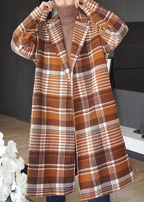 Chic Plaid Notched Tie Waist Oversized Woolen Men Coat Winter