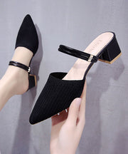 Chic Pointed Toe Splicing Chunky Slide Sandals Black Knit Fabric