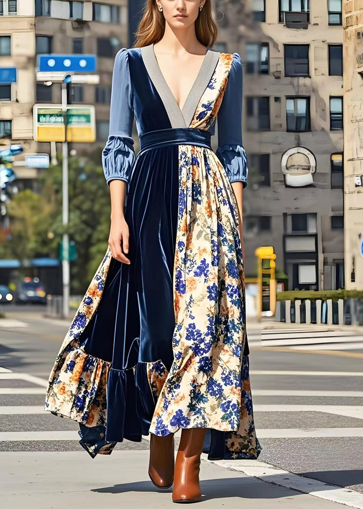 Chic Print Patchwork Exra Large Hem Silk Velvet Long Dresses Spring