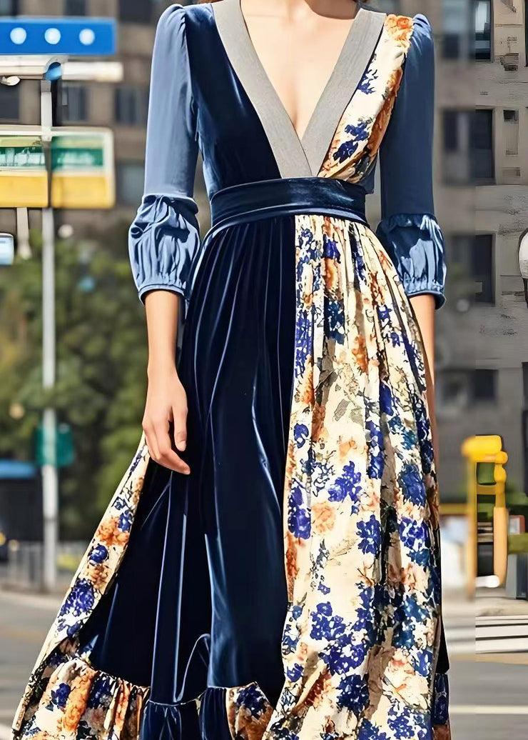 Chic Print Patchwork Exra Large Hem Silk Velvet Long Dresses Spring