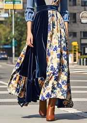 Chic Print Patchwork Exra Large Hem Silk Velvet Long Dresses Spring