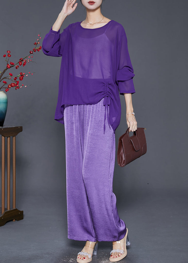 Chic Purple Asymmetrical Cinched Chiffon Two Pieces Set Fall