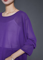 Chic Purple Asymmetrical Cinched Chiffon Two Pieces Set Fall