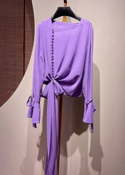 Chic Purple Asymmetrical Tie Waist Shirt Fall