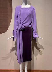 Chic Purple Asymmetrical Tie Waist Shirt Spring