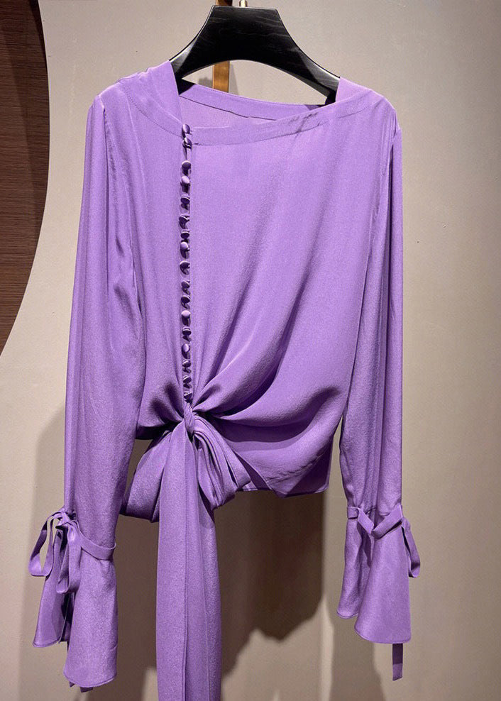 Chic Purple Asymmetrical Tie Waist Shirt Spring