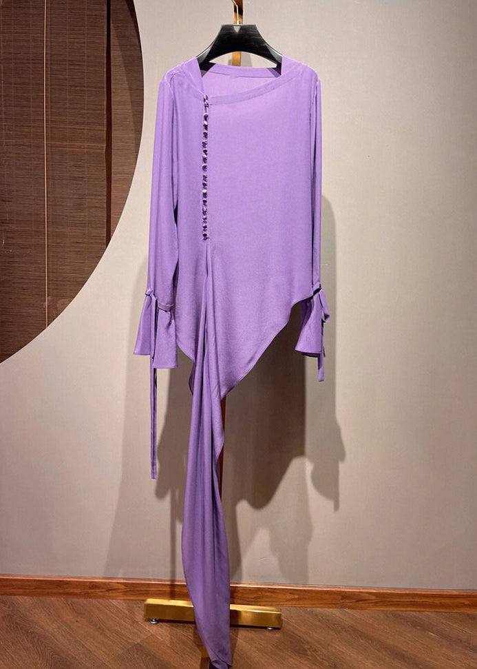 Chic Purple Asymmetrical Tie Waist Shirt Spring