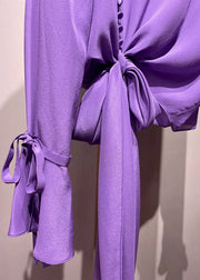 Chic Purple Asymmetrical Tie Waist Shirt Spring