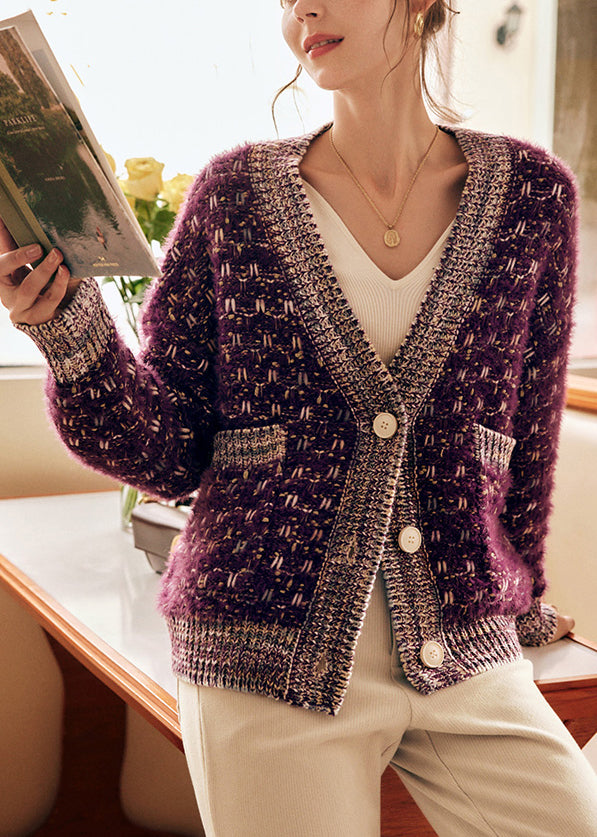 Chic Purple Button Pockets Patchwork Knit Coats Spring