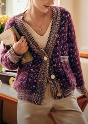 Chic Purple Button Pockets Patchwork Knit Coats Spring