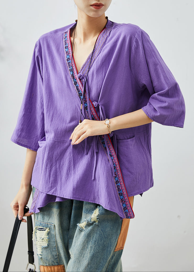 Chic Purple Embroidered Patchwork Cotton Top Summer