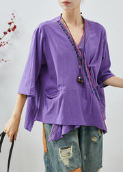 Chic Purple Embroidered Patchwork Cotton Top Summer