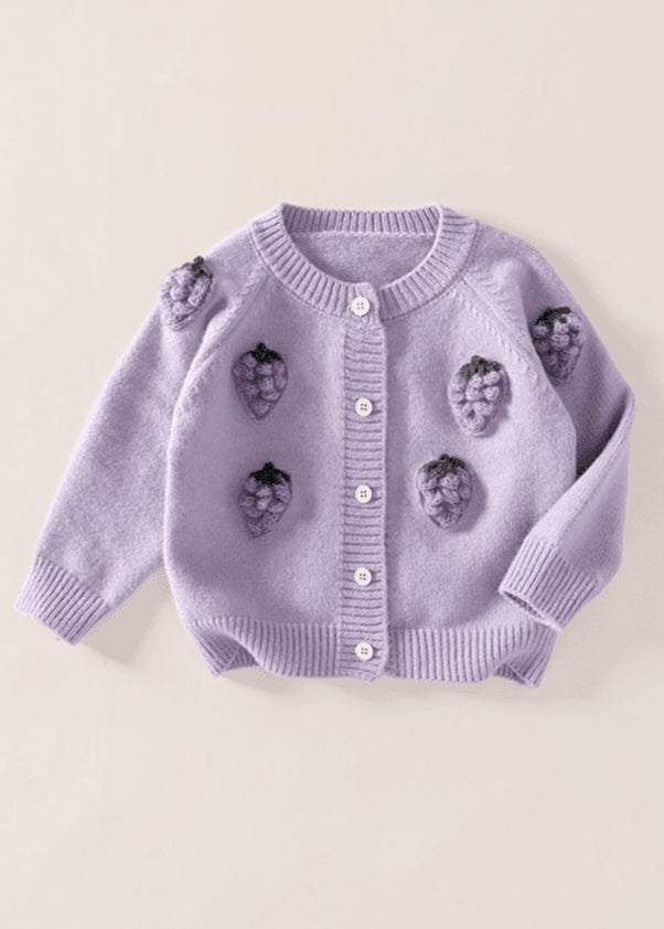 Chic Purple Embroideried Button Cotton Knit Girls Cardigan Spring