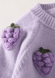 Chic Purple Embroideried Button Cotton Knit Girls Cardigan Spring