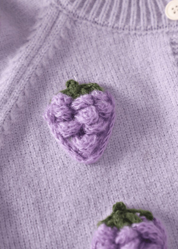 Chic Purple Embroideried Button Cotton Knit Girls Cardigan Spring