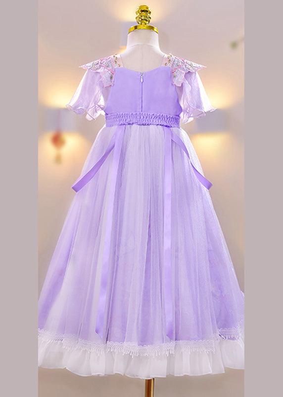 Chic Purple Embroideried Tassel Lace Patchwork Tulle Girls Maxi Dress Summer