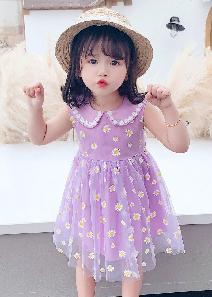 Chic Purple Floral Wrinkled Tulle Kids Party Long Dress Sleeveless