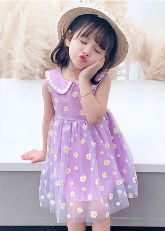 Chic Purple Floral Wrinkled Tulle Kids Party Long Dress Sleeveless