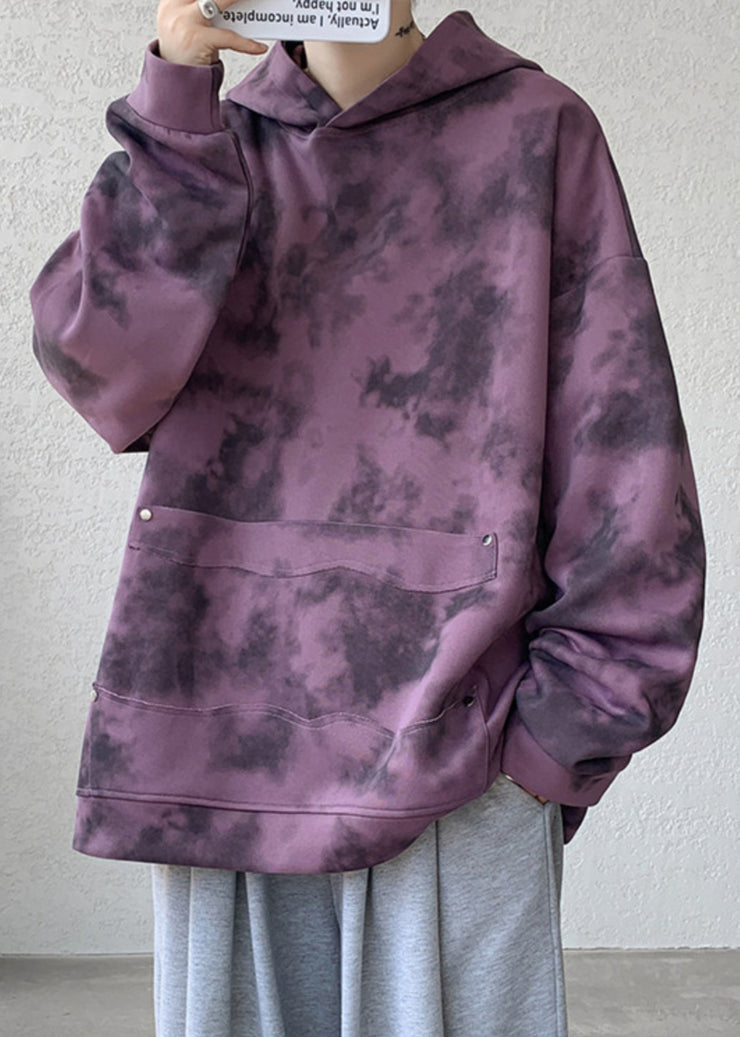 Chic Purple Hooded Tie Dye Cotton Men Sweatshirt Fall