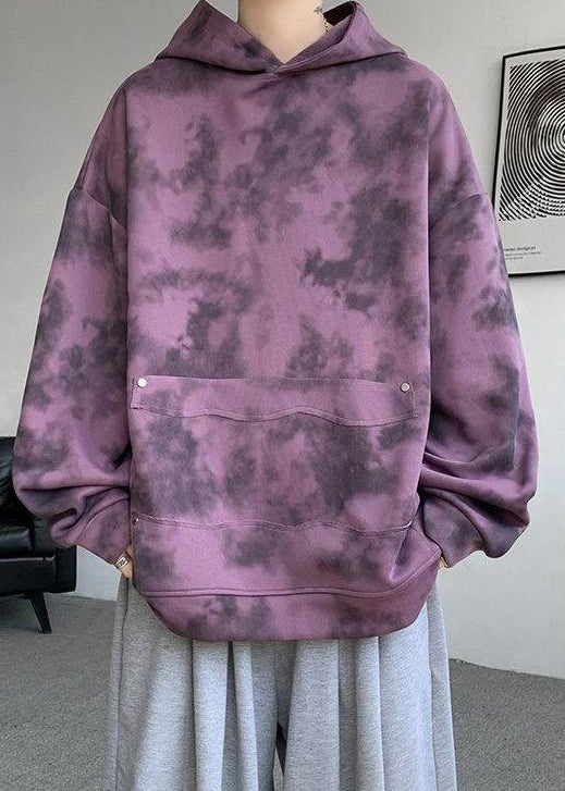 Chic Purple Hooded Tie Dye Cotton Men Sweatshirt Fall