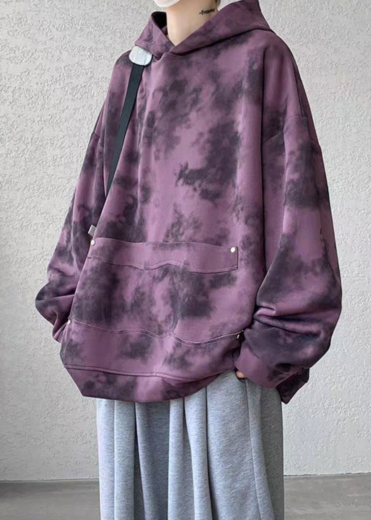 Chic Purple Hooded Tie Dye Cotton Men Sweatshirt Fall