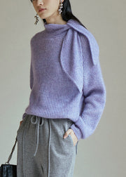 Chic Purple Lace Up Patchwork Cozy Knit Sweaters Fall