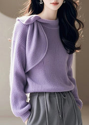 Chic Purple O Neck Bow Knitted Sweaters Spring