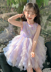 Chic Purple O-Neck Butterfly Tulle Girls Dress Sleeveless