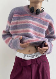 Chic Purple O-Neck Cozy Striped Knit Pullover Tops Winter